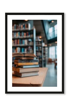 Stack of vintage books on wooden table in library setting  eye-level shot showcasing knowledge and learning in educational environment