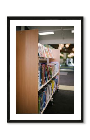 Children's books on a library shelf