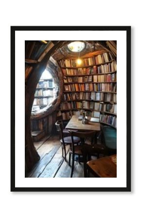 Hidden bookshop cafe with secret nooks and rustic tables