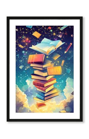 A vibrant stack of books with an open book floating above, surrounded by magical sparkles and school supplies