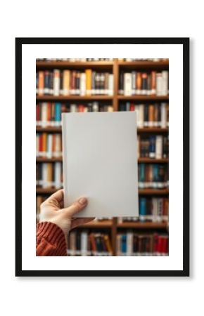 Female hand holds a book with an empty blank cover, blurred shelves of a bookshop or library background. book mockup. 