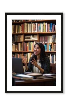 Smiling woman in library surrounded by books, talking about literature or research.