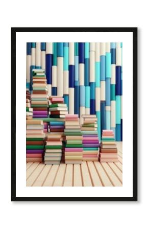 Colorful Book Stacks Against a Blue and White Cylindrical Wall