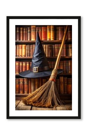 Witch Hat and Broom Leaning Against a Wooden Bookshelf Filled With Books