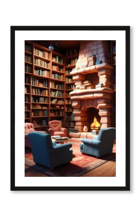 Cozy library interior with plush armchairs and a stone fireplace with a warm glowing fire image