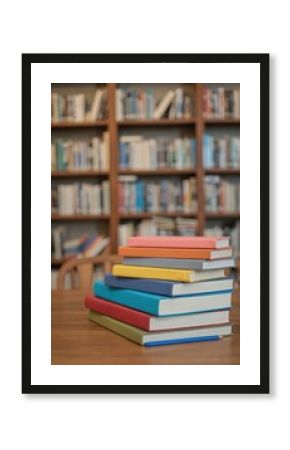 Stack of colorful books on a wooden table in front of bookshelves. Variety of colored books including blue, red, green, yellow, gray, orange, and pink. Library or study room setting.
