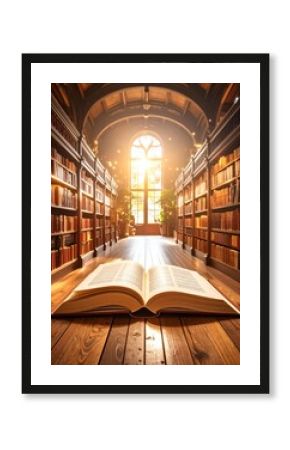 A serene library with a large open book and warm light streaming through ornate windows.