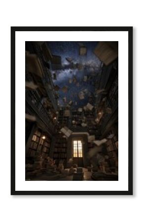 Magical Library with Floating Books Under Starry Night Sky