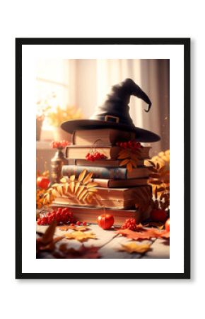 Mystical witch hat placed atop vintage books with autumn decor and candle glow. Halloween promotions.