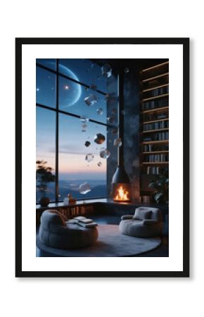 Futuristic living room sanctuary with a warm fireplace and a large window overlooking a serene cosmic landscape