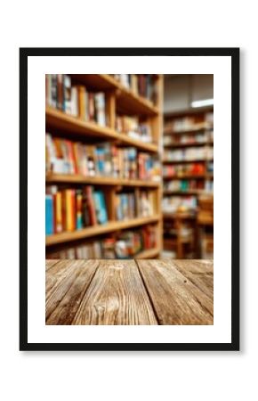 Wooden table top in front of a library