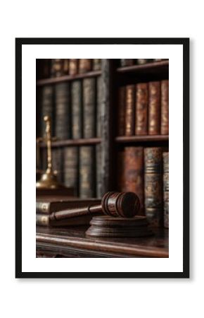 Law books, gavel, and scales on wooden desk