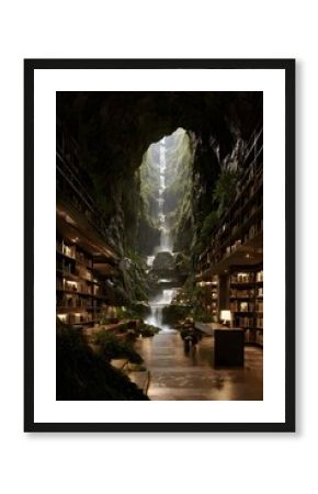 Unique Cave Library with Multi-Tiered Waterfalls and Lush Greenery