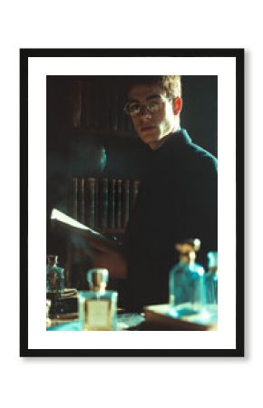fashion photo of young man in library with perfume