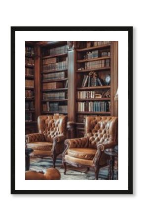 Elegant library scene featuring leather chairs and wooden bookshelves filled with classic literature and cozy ambiance.