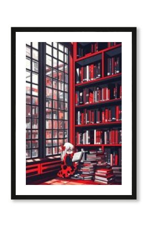 Anime Girl Reading in a Pile of Books