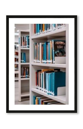 A photo of shelves in the library with books, books on white bookshelves and blue stripes