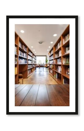 Empty wooden table and modern library background, product display