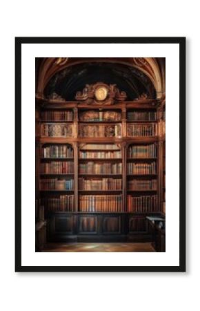 Ancient Library Interior with Wooden Bookshelves, Antique Books, and Ornate Ceiling Architecture