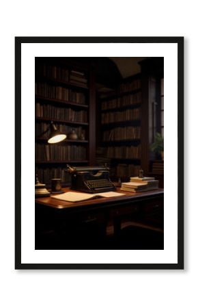 A vintage typewriter on a wooden desk in a cozy library illuminated by a warm lamp in the evening