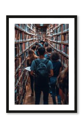 Students walking through a library aisle with backpacks and books.