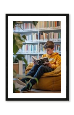 Young Boy Reading Book on Bean Bag in Modern Library, Ideal for Education Concepts, Children's Literature, Relaxed Learning Spaces, Youth Reading Programs, Knowledge Exploration