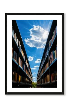 A stunning view between towering library shelves, bathed in sunlight, showcasing books and a beautiful sky. An inspiring setting that embodies the pursuit of knowledge and creativity.