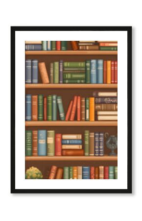 A wooden bookshelf filled with colorful books and decorative items.