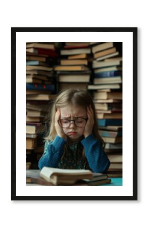 Exhausted elementary school student struggling with headaches and learning challenges while reading books