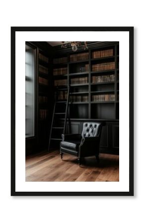 A traditional library with dark wood shelves and a luxurious leather armchair, offering a space for reading and contemplation