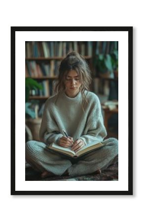 A young man sits cross-legged on the floor, focused on writing in a notebook in a cozy library setting, surrounded by books and plants, symbolizing introspection and learning.