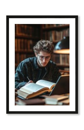 Professional close up photo of a student studying with open books and a laptop, cozy library