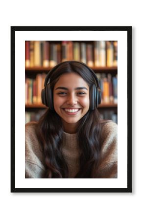Close-up of a smiling young woman wearing headphones in a cozy library environment, with bookshelves in the background. 