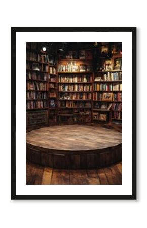 A circular wooden stage in a library with bookshelves lining the walls.