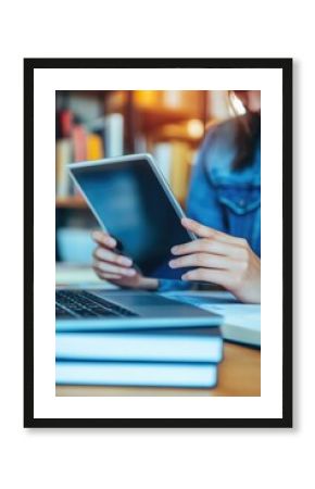 Student with laptop and tablet in library