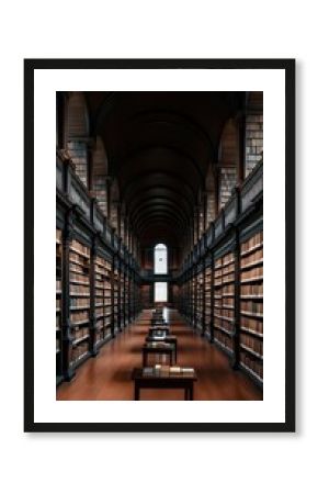 Large library hall with high dark wood bookshelves. Many books neatly arranged. Small dark wood tables placed regularly down center. Ambiance quiet, contemplative. Historic architecture with arched
