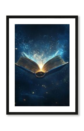 A glowing blue book with golden edges, light radiating from its center, floating in a dark blue space. 