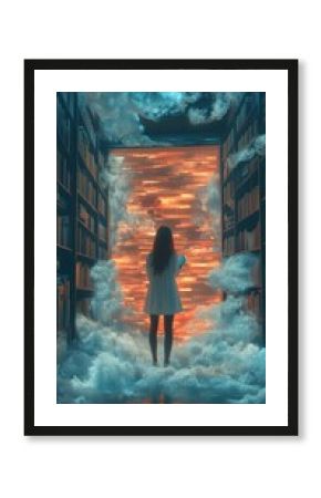 Woman stands in cloudy library, gazing at glowing wall.