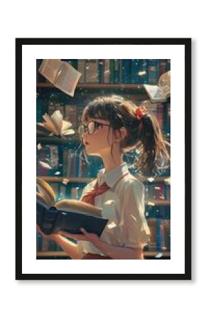 Anime Girl Reading Books Surrounded By Floating Pages