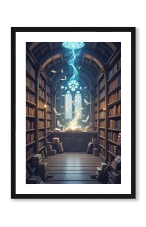 Vector line  magical library with floating books and glowing runes 