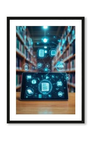 Digital tablet displaying educational icons and floating books