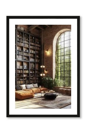 A living room with a couch, a potted plant, and a large bookcase