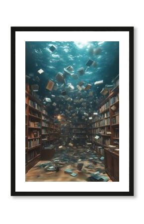 Submerged library with books floating underwater.