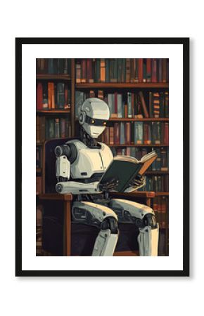 A robot reading a book in a cozy library setting.