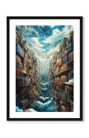 A Surreal Library: Where Books Meet the Sky and Sea