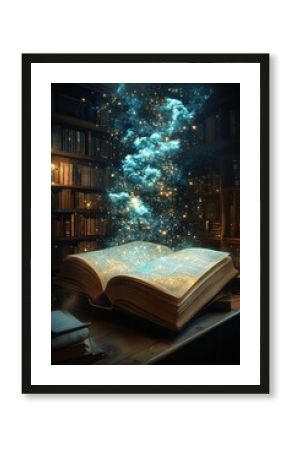 Magical book glows in old library.