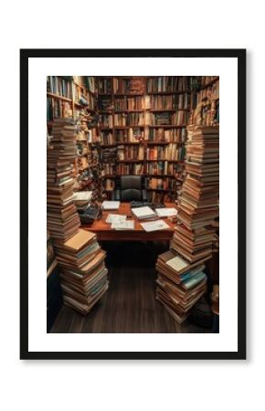 Bookshelves overflowing, desk with papers, book stacks.