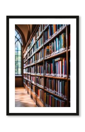 Bookshelves in a historic library with colorful books, sunlight illuminating the space, creating a serene environment for reading and studying. Ideal for education themes.