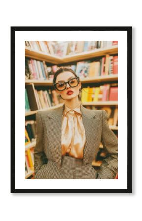 Fashionable woman in trendy checkered suit and sunglasses standing in stylish library setting