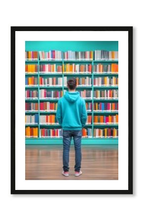 Man standing in library with blurred bookshelves behind